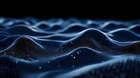 Futuristic digital wave landscape with glowing dots forming flowing curves and mountains against dark background, abstract technology visualization in blue tones.