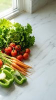 Fresh organic vegetables on marble kitchen counter with natural window light for healthy cooking and meal preparation.
