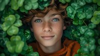 Young Caucasian boy with bright blue eyes and freckles smiling gently, surrounded by fresh green clover leaves creating natural frame. Orange sweater adds warm accent.
