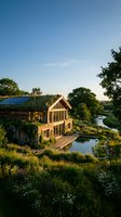 Modern eco-friendly house with solar panels overlooking river at sunset surrounded by lush garden and natural landscape for sustainable living concepts.