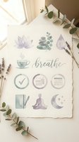 Watercolor wellness icons set with meditation symbols, lotus flower, eucalyptus leaves and breathe text on textured paper surrounded by natural botanicals.