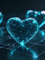 Glowing blue heart shape with connected dots and lines on digital grid surface, representing network connections and technology in love concept. Modern futuristic design.