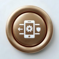 Mobile phone security settings icon with gear and shield symbols on bronze metallic button for app interface and digital protection concepts.