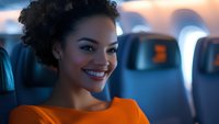 Young African American woman with natural curly hair wearing orange blouse smiling confidently while traveling on airplane in passenger cabin. Positive travel experience.