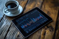 Digital tablet displaying financial charts and graphs on dark wooden table with coffee cup, moody business analytics workspace setup.