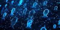 Glowing blue digital avatars connected by network lines on dark background represent social networking and online community concept in modern technology.