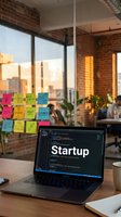 Startup workspace with laptop showing code, colorful sticky notes on glass wall mapping idea, MVP, and launch stages in modern loft office.