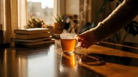 Person reaching for glass of amber beverage on wooden table by window with warm sunlight, books, and potted plant in cozy interior setting for lifestyle and home decor use.