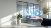 Businessman hand holding digital holographic charts and graphs in modern office space with natural light and glass partitions.