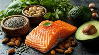 Fresh raw salmon fillet with healthy fats - avocado, nuts, chia seeds and fresh herbs on dark stone background. Clean eating and omega-3 rich ingredients.