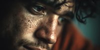 Intense close-up portrait of a young man with dark curly hair, freckles, and stubble against a teal background, showing raw emotion and vulnerability.