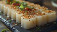 Fresh scallops seared with spices and herbs arranged on dark slate plate, garnished with chili flakes and chopped green onions, close up view of gourmet seafood appetizer.