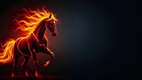 Fiery horse with blazing mane and tail rearing up against dark background. Mythical creature with flames and glowing effects for fantasy designs.