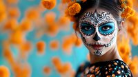 Woman wearing traditional sugar skull face paint in black and white with turquoise details against orange marigold flowers background, celebrating Day of the Dead festival.
