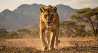 Majestic lioness walking confidently across African savanna landscape with acacia trees and mountain backdrop during golden hour sunset light.
