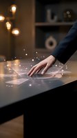 Caucasian male hand touching glowing digital interface on table with holographic data visualization and network connections, suitable for technology, innovation, and business concepts.