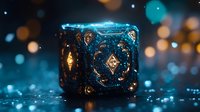 Glowing mystical dice with ornate golden patterns on dark background with bokeh lights and water drops, creating magical gaming atmosphere.