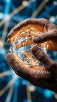 Hands holding glowing digital globe with interconnected network lines, representing global connectivity, technology innovation, and worldwide communication for business and digital transformation concepts.