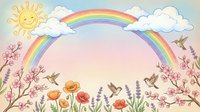 Cheerful spring landscape with double rainbow, smiling sun, blooming flowers and flying birds creating magical garden scene for children's projects.