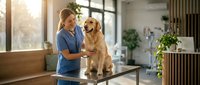 Female veterinarian in blue scrubs examining golden retriever dog on metal table in modern clinic with natural sunlight streaming through windows.