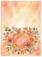 Watercolor floral heart with roses and blooms on warm peach background, copy space for Valentine, wedding or greeting card design.