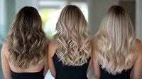 Three women showing different blonde hair color variations from brunette to platinum with long wavy hairstyles in salon setting for hair transformation concepts.