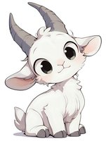 Cute baby goat with big eyes and horns in kawaii anime style on white background, isolated character for stickers, children prints and merchandise designs.