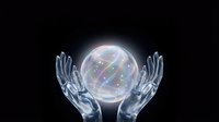 Transparent digital hands holding glowing sphere with circuit patterns, isolated on black background for tech, innovation, and future concepts in design projects.