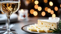 White wine glass with cheese plate served on dark table against blurred golden bokeh lights creating romantic holiday atmosphere for wine tasting event.