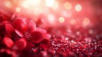 Vibrant red flower on glittering background with soft bokeh lights creating romantic atmosphere. Macro photography with shallow depth of field.