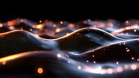 Glowing orange and blue particle waves on dark background create dynamic flowing motion effect with light dots and bokeh elements for technology designs.