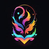 Vibrant rainbow phoenix rising from heart shape on black background with magical sparkles, featuring flowing feathers and graceful curves in neon gradient colors.