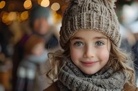 Young caucasian girl with bright blue eyes wearing warm knitted beanie and scarf smiling at camera, winter fashion portrait with soft bokeh lights in background perfect for seasonal advertising.
