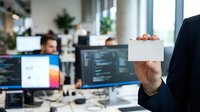 Businessman holding blank white card in modern office with computer monitors and colleagues working in background, corporate identity and branding concept for business presentations.