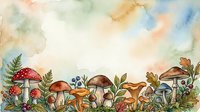 Watercolor illustration of various mushroom species with ferns and foliage in autumn tones, suitable for botanical art, educational materials, and nature-themed designs.