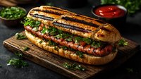 Grilled sausage sandwich with fresh herbs and sauce on rustic wooden board. Toasted bun with char marks and garnished parsley creates appetizing street food.