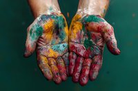 Open palms covered in vibrant holi powder paint showing yellow, turquoise, and red colors against green background, representing celebration and creativity.