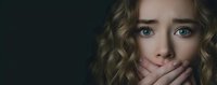 Young woman with blonde curly hair covering her mouth with hand against dark background, expressing fear or silence.