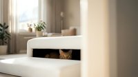 Modern white cat litter box furniture with hidden compartment in bright living room interior. Stylish pet furniture design for contemporary home decor.