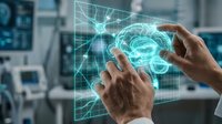 Hands interacting with holographic brain interface in modern medical laboratory. Digital neuroscience technology for healthcare innovation and research applications.