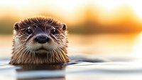 Adorable otter swimming in calm water during golden hour sunset with warm bokeh background creating peaceful wildlife scene for nature photography.