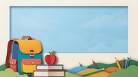 Back to school supplies arranged with colorful backpack, books, apple, pencils and notebooks on grass against blue sky background for educational content.