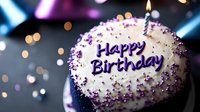 Festive birthday cake with purple lettering and single glowing candle against dark background with soft bokeh lights and sparkles. Celebration moment captured.