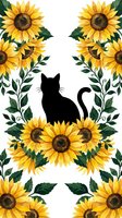 Black cat silhouette surrounded by bright sunflowers and green foliage on white background. Isolated design suitable for t-shirts, prints, and crafts.