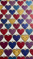 Colorful kawaii hearts with crowns seamless pattern in red blue purple yellow. Cute smiling faces repeating design for fabric wallpaper wrapping paper.