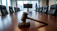 Wooden gavel on polished conference table in modern boardroom with leather chairs and city view windows for legal business meetings and corporate decisions.