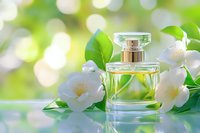 Elegant perfume bottle with fresh white gardenia flowers and green leaves on blurred bokeh background, luxury fragrance and natural beauty concept.