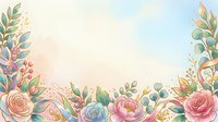 Watercolor floral border with roses, peonies, and eucalyptus leaves on soft pastel background. Isolated design element for invitations, cards, and decorative projects.
