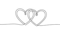 Two intertwined hearts drawn in continuous single line art style on white background, minimalist romantic symbol for wedding invitations and love designs.