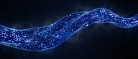 Blue digital wave with glowing particles flowing across dark background. Abstract technology concept for modern design projects and futuristic presentations.